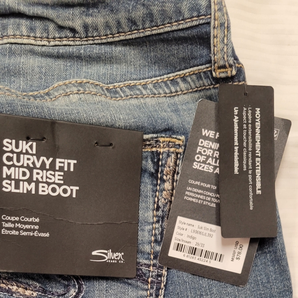 NWT- 29 x 33 Silver Jeans Company "Suki" curvey-fit, slim boot, denim jeans.